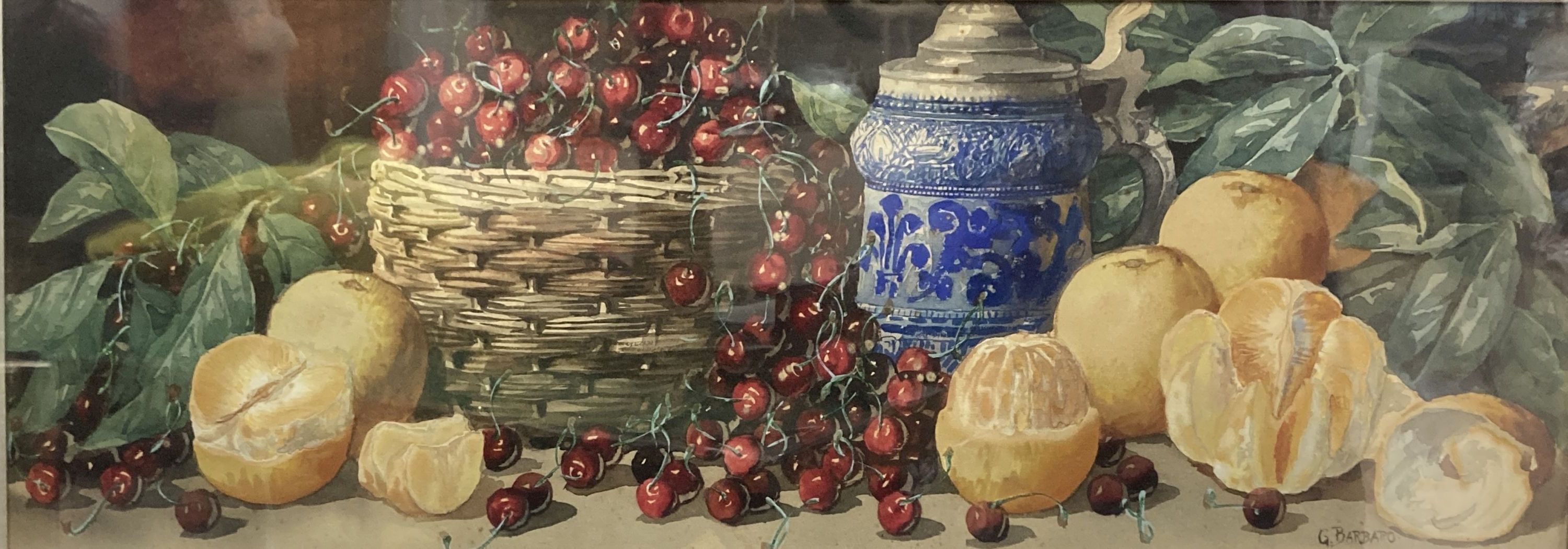 Giovanni Barbaro (1864-1915), watercolour, Still life of fruit and a stein on a ledge, signed, 27 x 76cm